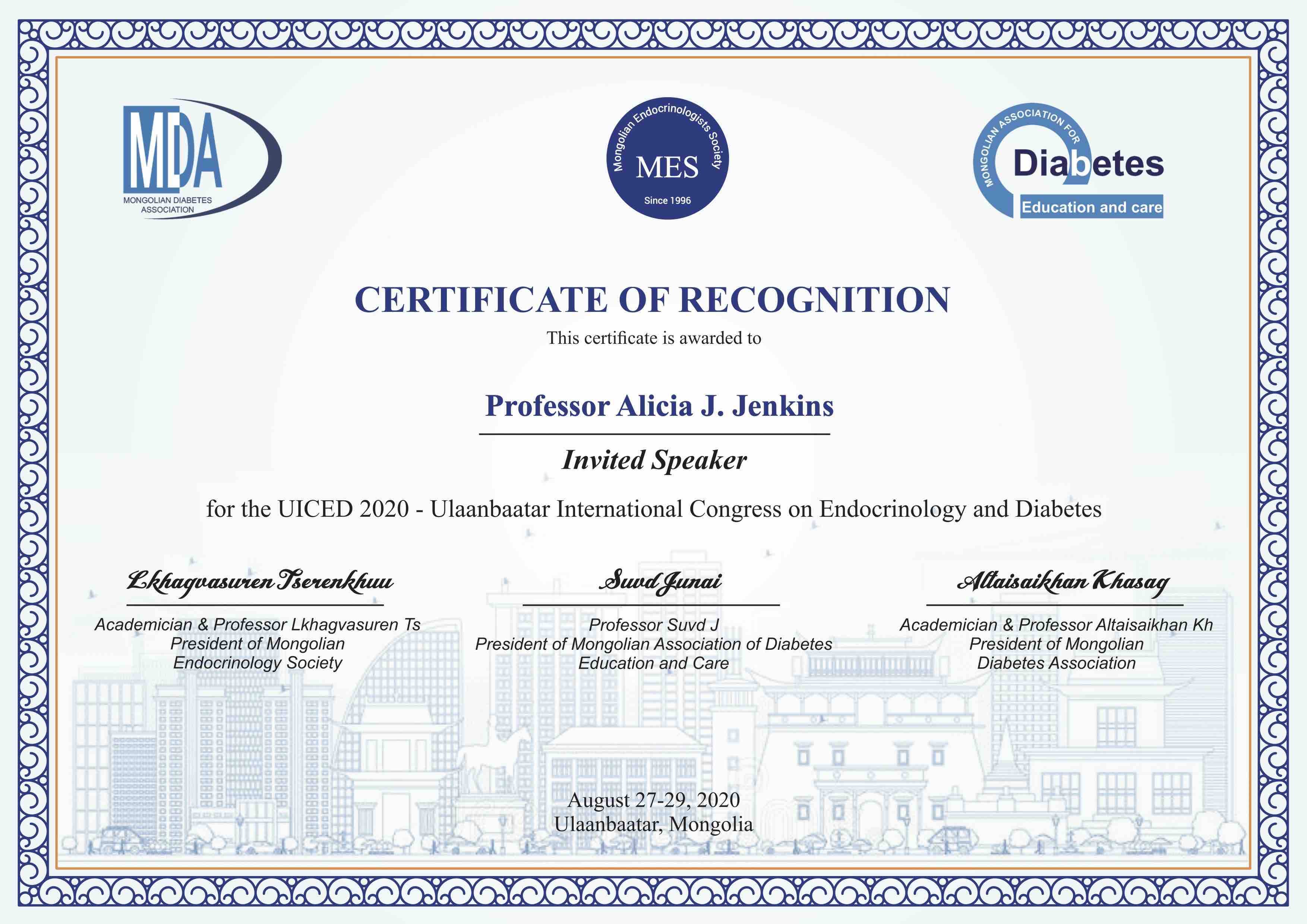 Certificate of Recognition from Ulaanbaatar International Congress on Endocrinology & Diabetes